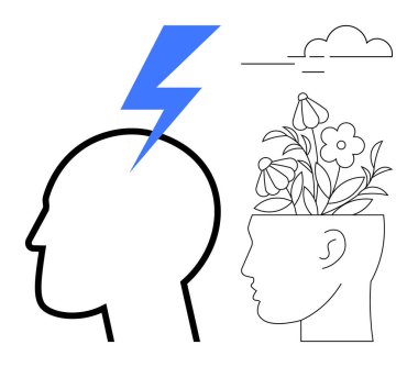 Başa çarpan yıldırım stresi simgeler, başka bir kafanın içinde açan çiçekler ise büyümeyi ve pozitifliği temsil eder. Yaratıcılık, farkındalık, zihinsel sağlık, denge, kişisel gelişim için ideal