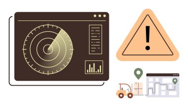 Lojistik, tedarik zinciri, navigasyon, risk yönetimi, ulaşım, izleme sistemleri. Radar ekranı, uyarı levhası teslimat kamyonu rotası. Lojistik ve risk yönetimi görselleştirme kavramı