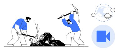 Kripto para birimi, veri madenciliği, dijital ekonomi, blok zinciri, takım çalışması, teknolojik yenilik. İki karakter kaya kırıyor, semboller gezegenleri ve video kamerayı parmakla gösteriyor. Kripto para ve veri madenciliği