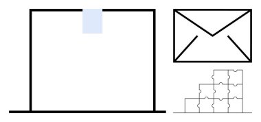 Posta kutusu konsepti. Asgari grafik bir posta kutusu, zarf ve bulmaca parçaları, iletişim ve problem çözme. Baş parmak teslimatı, işbirliği ve bağlantı için ideal. İş için kullanışlı