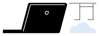 Uzaktan çalışma, bulut hesaplama, çevrimiçi işbirliği, dijital çalışma alanı, modern teknoloji, veri depolama. Minimalist stil dizüstü bilgisayar, bulut ve masa çizimi. Uzak çalışma ve bulut hesaplama kavramı