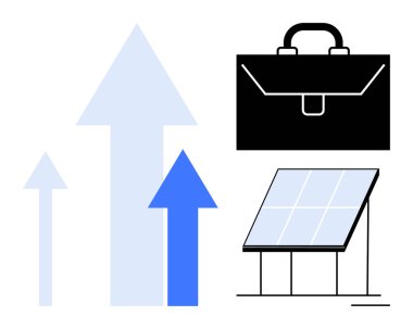 Yenilenebilir enerji, temiz teknoloji, iş büyümesi, sürdürülebilir çözümler, güneş yatırımları, çevre dostu yenilikler. Güneş paneli, iş çantası yukarı bakan oklar. Yenilenebilir enerji