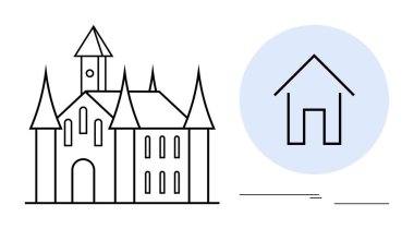 Keskin kuleleri olan detaylı bir şato. Mavi bir daire çizerek ev hatlarının hemen yanında. Mimarlık, karşıtlık, basitlik, modernlik, tasarım karşılaştırması, ev ve görkem kavramları için ideal.