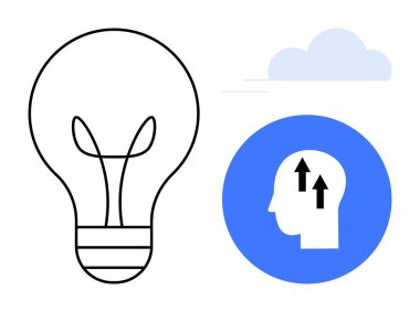 Yenilik kavramı. Ampulün sembolleri ve oklarla düşünen bir kafa yenilikçi fikirler ve büyüme. Yenilik beyin fırtınası, yaratıcılık, takım çalışması ve büyüme stratejilerini harekete geçiriyor