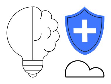 Yenilik, sağlık, teknoloji, akıl sağlığı, bulut depolama, gelecekteki çözümler. Beyin ampulü, haçlı mavi kalkan ve bulut. Yenilik ve sağlık hizmetleri kavramları