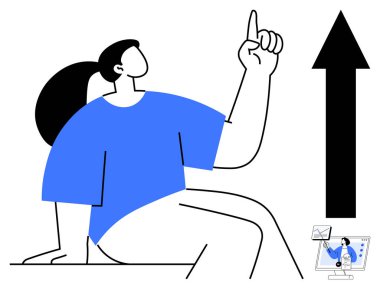 İş büyümesi konsepti. Yukarıya bakan bir kadın, yanında cesur bir ok ilerlemesi, başarı ve yukarı doğru giden bir yörünge ile. Finansal hedefler, takım çalışması, girişimler, yenilik ve gelecek planlaması için mükemmel