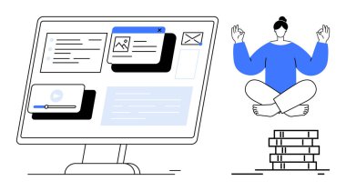 İş hayatı dengesi, dijital odak, meditasyon, stres atma, verimlilik, rahatlama. Bir insan bilgisayarın yanında birden fazla arayüz elementi göstererek meditasyon yapar. İş-yaşam dengesi ve dijital odak