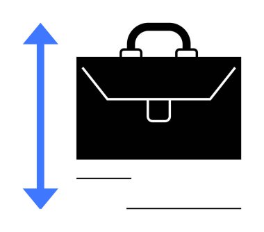 İş planlaması, kurumsal büyüme, boyut değerlendirmesi, profesyonel araçlar, girişimcilik, ofis iş akışı. Mavi dikey oklu siyah çanta. İş planlaması ve kurumsal büyüme kavramı