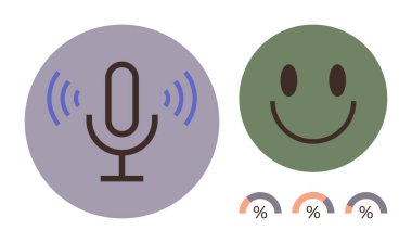 Geri bildirim analizi, ses kaydı, müşteri memnuniyeti, iletişim araçları, ses girişi, kullanıcı deneyimi. Mikrofon ve yüzde grafikleri olan mutlu bir yüz. Geri besleme analizi ve ses kaydı