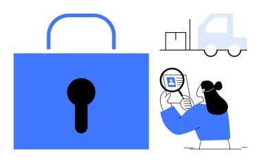 Veri güvenliği kavramı. Kilit simgeleri ve paket doğrulaması yoluyla veri güvenliği. Veri koruması, güvenli lojistik ve kimlik doğrulaması üzerinde duruluyor. Lojistik ve siber güvenlik için mükemmel.