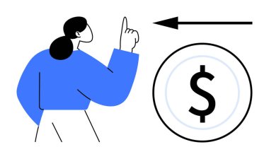 Finansal işlemler kavramı. Bir kadın, parasal akışı ve hareketi vurgulayarak bir dolar işareti ve oka doğru hareket eder. Bankacılık, fintech, finansman, ödemeler, yatırımlar için mali işlemler