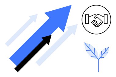 Büyüme konsepti. Yukarı doğru büyüyen oklar, el sıkışma işbirliği ve sürdürülebilir ilerleme için bir yaprak. Takım çalışmasındaki büyüme, iş dünyası, sürdürülebilirlik ve yenilik