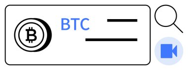 Kripto para birimi, engelleme zinciri, dijital ödemeler, güvenli işlemler, sanal para birimi, çevrimiçi doğrulama. Bitcoin logosu ve büyüteç ve video simgesiyle çerçevelenmiş BTC metni. Kripto para birimi