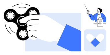 Kıpır kıpır dönen el, elinde reçete kağıdı olan eğitmen ve hap kapsülü ikonu. Sağlık, stres atma, tıbbi rehberlik, hareket, terapi odaklanma ve basitlik için idealdir. Basit düz