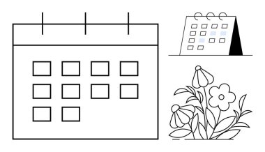 Zaman yönetimi, etkinlik planlaması, iş organizasyonu, yaratıcılık, doğa temalı tasarımlar. Aylık ızgara ve çiçek süslemeli masa takvimi. Zaman yönetimi ve olay planlama kavramı