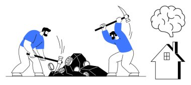 Çalışma, takım çalışması, inşaat, madencilik, barınma, beyin fırtınası. İki işçi aletlerle taş kırıyor. Çalışma ve takım çalışması, entellektüel ve konutla ilgili kavramlara sahip madencilik faaliyeti olarak gösterilmiştir.