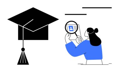 İş arama konsepti. Eğitimden sonra mezun olduktan sonra özgeçmişini araştıran bir kadın. Mezun olduktan sonra iş arama ve kariyer geliştirme. Eğitim, kariyer planlaması, adam toplama için ideal