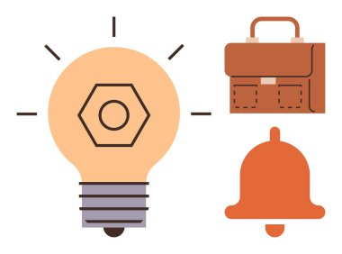 İş stratejisi, yenilik, verimlilik, iletişim, alarmlar, organizasyon. Ampul, evrak çanının çan simgeleri basit bir düzende. İş stratejisi ve yenilik kavramsal illüstrasyon