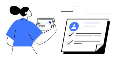 Woman analyzing data on a tablet and reviewing a checklist with profile details and completed tasks. Ideal for project management, workflow organization, teamwork, productivity, planning, goal