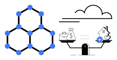 Blockchain konsepti. Bulut entegrasyonunu ve finansal sistemleri vurgulayan altıgen bir yapısı olan blok zinciri. Engelleme uygulamaları finansman, veri bütünlüğü ve dağıtılmış ağları kapsar