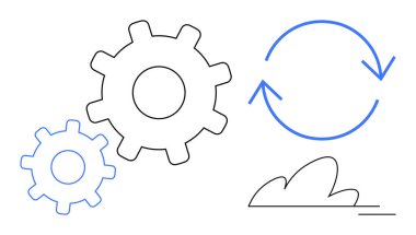 Senkronizasyon, işlem otomasyonu, sürekli gelişme, sistem entegrasyonu, iş akışı yönetimi, verimlilik. Hareket ve süreçleri gösteren vites ve döngü oku. Eşzamanlama ve süreç