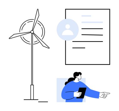 Yenilenebilir enerji, belge işleme, veri görselleştirme, yeşil teknoloji, iş çözümleri, iş akışı organizasyonu. Rüzgar türbini, dijital dosya ve tablet tutan kişi. Yenilenebilir enerji