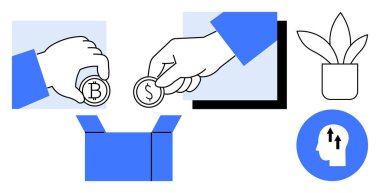 Finansal işlem süreci. Yatırımlar, tasarruflar ve sermaye değişimi için kripto para ve dolar paralarına sahip finansal unsurlar. Bankacılık, e-ticaret, fintech ve girişimler için finansal araçlar