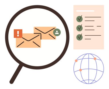 E-posta güvenliği, veri gizliliği, çevrimiçi güvenlik, siber güvenlik, dijital iletişim, dolandırıcılık tespiti. Büyüteç, e-postalar, kontrol listesi ve dünya ikonu. E- posta güvenliği ve veri gizliliği