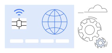 Dijital güvenlik, küresel bağlantı, otomasyon, bulut hesaplama, teknoloji geliştirme, siber güvenlik. Bir çip, küre dişlileri ve bulut. Dijital güvenlik ve küresel bağlantı kavramları