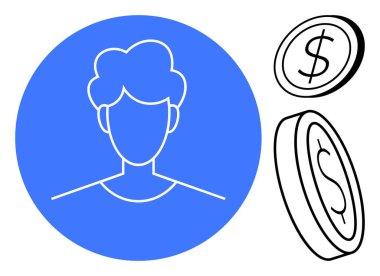 Finansal hizmetler, kişiselleştirme, çevrimiçi ödemeler, e-ticaret, tasarruf, kimlik. Dolar simgeleri olan bir kişinin taslağı. Finansal hizmetler ve kişiselleştirme kavramı