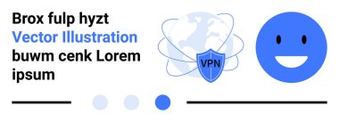 Küresel bağlantıya sahip VPN kalkanı, kullanıcı güvenliği için gülen bir yüz ve asgari tasarım elemanları. Siber güvenlik, gizlilik, ağ, çevrimiçi koruma, yenilik, teknoloji sade iniş için ideal