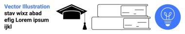 Eğitim, öğrenme yeniliği, akademik başarı, bilgi gelişimi, yaratıcı fikirler, hedef belirleme. Mezuniyet şapkası, istiflenmiş kitaplar ve ampul ikonu. Eğitim ve akademik başarı