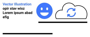 Veri senkronizasyonu, bulut depolama, kullanıcı arayüzü, online iletişim, dijital sistemler, iş akışı. Mavi bir gülen yüz ve yer tutucu metnin yanında yenilenmiş bir sembol ile bulut simgesi. Veri