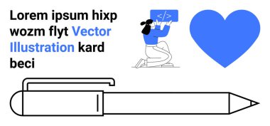 Grafik tasarım, pazarlama, eğitim, yaratıcı fikirler, kodlama, modern planlar. Mavi kalp, kalem simgesi kodlama. Grafik tasarım ve pazarlama konsepti çizimi