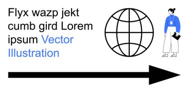 Veri akışı, küreselleşme, ağ oluşturma, kurumsal strateji, profesyonel ilişkiler, dijital medya. Dünya ikonu, insan illüstrasyonu ve oku. Küreselleşme ve ağ oluşturma kavramı