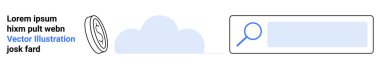 Website navigation, cloud computing, digital search, financial solutions, app design, user experience. A coin icon, cloud silhouette and search bar graphic. Website navigation and cloud computing
