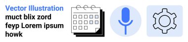 Calendar for scheduling, microphone for audio or voice interface, and gear for settings or configuration. Ideal for productivity, communication, workflow, technology, planning, tools simple landing