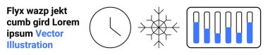 Clock outline, snowflake symbol, and test tubes filled halfway with blue liquid. Ideal for time management, science, research, winter, medical testing, laboratory studies simple landing page