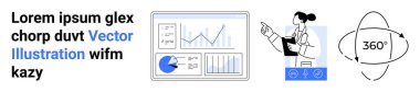 Analizci, 360 derecelik bir konseptin yanında çizelgeler, grafikler ve pasta grafikleri olan bir ekrana işaret ediyor. Veri analizi, araştırma, strateji, eğitim, yenilik, liderlik için ideal