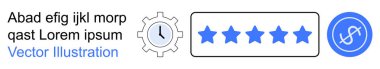 Time management, quality assurance, finance, productivity, evaluation, organizational planning. Gear and clock icon, five stars and currency symbol in blue. Time management and quality assurance