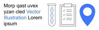 Bilim, araştırma, navigasyon, dokümantasyon, yer belirleme, veri organizasyonu. DNA sembollü test tüpü, kontrol listesi ve mavi bir lokasyon iğnesi. Bilim ve araştırma görsel