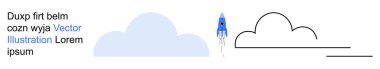 Space exploration, creative design, technology, simplicity, innovation, minimalism. A small blue rocket launching near a blue cloud and outlined cloud elements. Space exploration and creative design