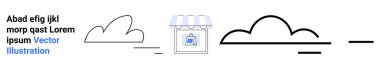 Bulut hesaplama, e-ticaret, dijital depolama, ev sahipliği hizmetleri, çevrimiçi bağlantı, modern teknoloji. Bulutları ve vitrini gösteren minimalist çizgiler. Bulut hesaplama ve e-ticaret kavramı