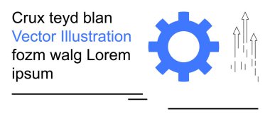Yenilik, teknoloji, üretkenlik, ilerleme, mühendislik, sistem tasarımı. Mavi dişli ikonuna metin ve yükselen oklar eşlik ediyor. Açık sembollü yenilik ve teknoloji kavramı