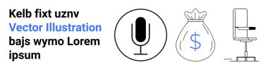 İş, medya, teknoloji, çalışma alanları, finans, iletişim. Siyah mikrofon, dolar çantası ve minimalist tarzda sandalye simgeleri. Çalışma alanları ve finansman için iş ve medya kavramı