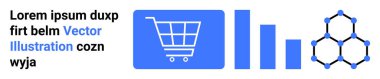 Online retail, data analytics, market research, digital commerce, science visualization, technology trends. Shopping cart, bar graph molecular structure icons. E-commerce and data analytics