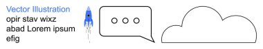 İletişim, yenilik, veri depolama, bulut teknolojisi, keşif, yaratıcılık. Konuşma baloncuğu ve bulut hatlarıyla birlikte fırlatılan bir roket. Grevle iletişim ve yenilik
