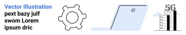 Teknoloji, yenilik, iletişim, gelecekteki ağlar, veri transferi, kablosuz bağlantı. İkona, dizüstü bilgisayar ve 5G kulesi. Teknoloji ve yenilikçi ağ görselleştirmesi