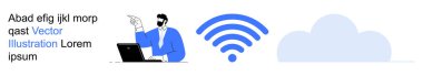 Çevrimiçi iletişim, internet ağları, bulut depolama, veri paylaşımı, dijital teknoloji, teknoloji hizmetleri. Bulut ikonuyla kablosuz bir sinyali işaret eden bir adam. Çevrimiçi iletişim ve internet