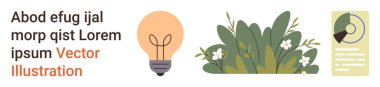 Yaratıcılık, iş ilhamı, eğitimsel görseller, sunum içeriği, grafik tasarımı, çevre dostu. Bir ampul, bitkiler ve yer tutucu metni olan bilgi elementleri. Yaratıcılık